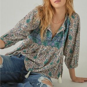 Lucky Brand Paisley Peasant Blouse - Blue and Green